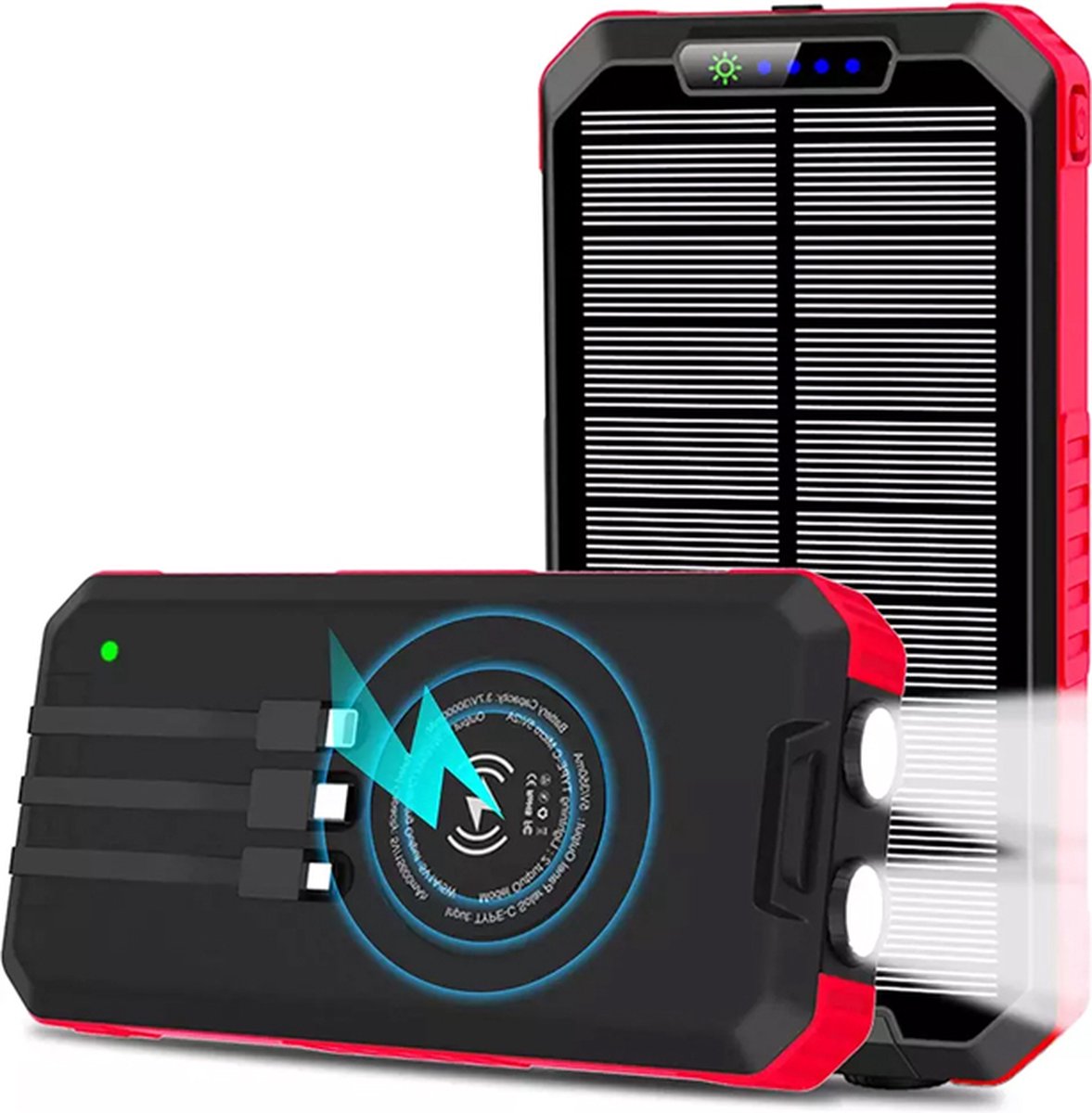 solar world - Powerbank 30.000 Mah met ingebouwde kabels Rood