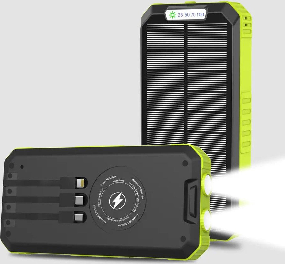 solar world - Powerbank 30.000 Mah met ingebouwde kabels Groen