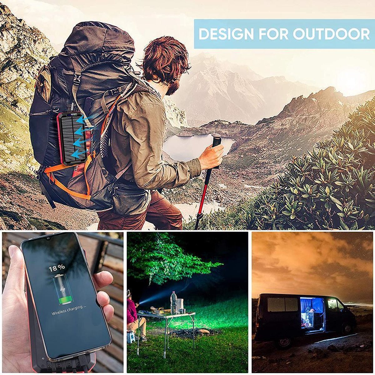solar world - Powerbank 30.000 Mah met ingebouwde kabels Rood