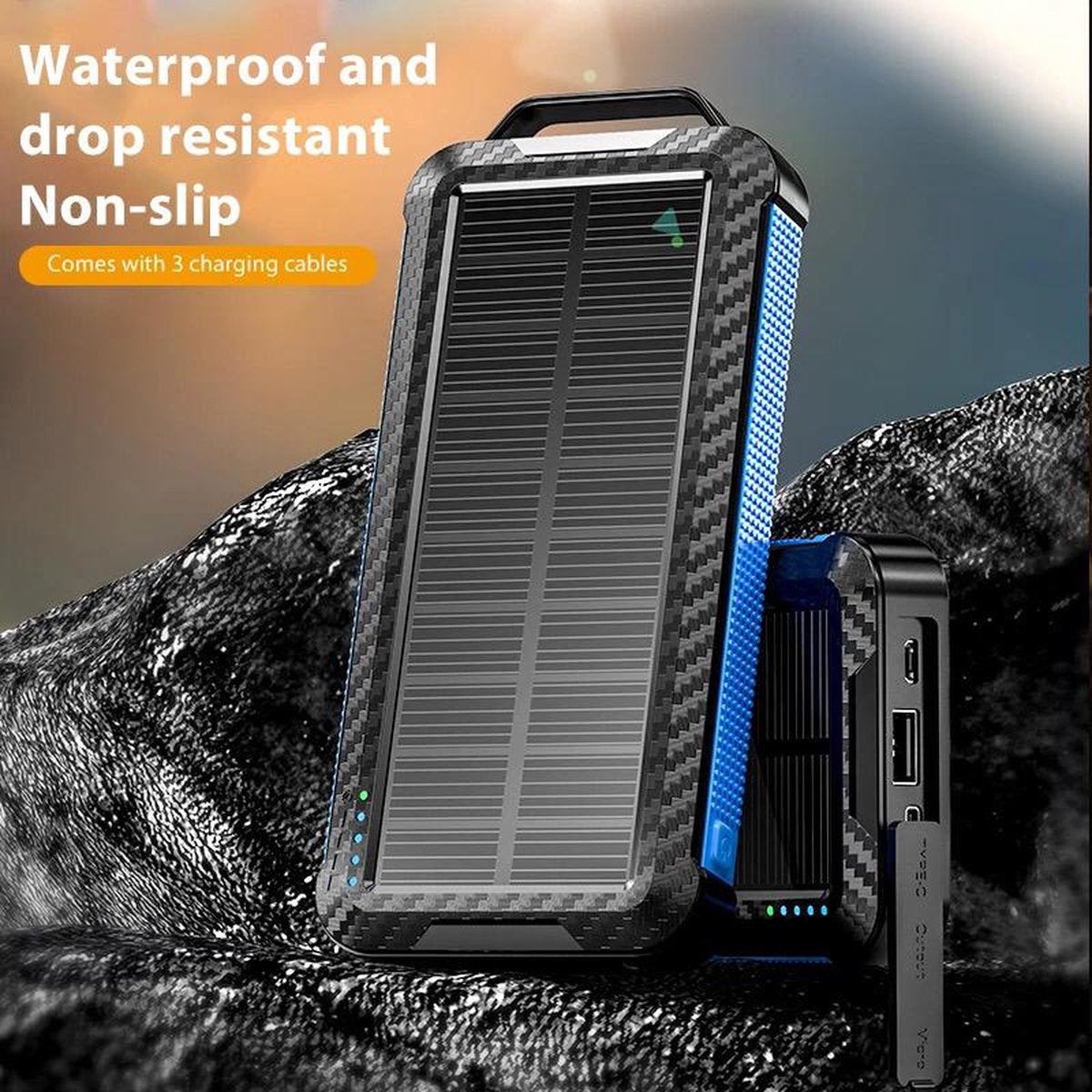Solar World powerbank 10.000 mah met ingebouwde kabels en zonnepaneel blauw
