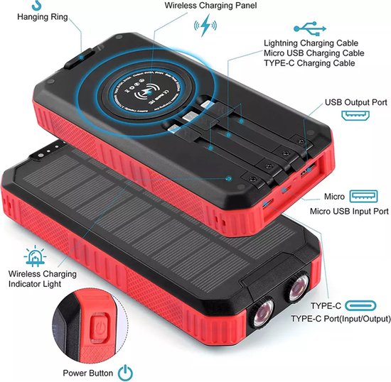 solar world - Powerbank 30.000 Mah met ingebouwde kabels Rood