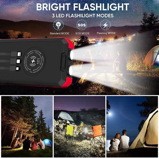 solar world - Powerbank 30.000 Mah met ingebouwde kabels Zwart