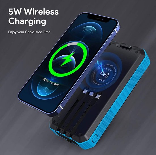 solar world - Powerbank 30.000 Mah met ingebouwde kabels Blauw