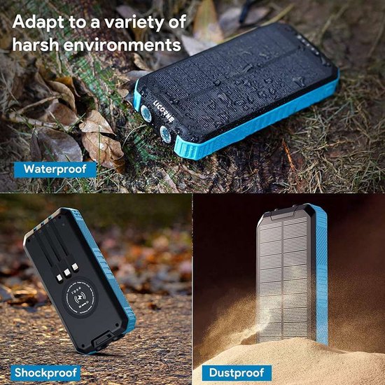 solar world - Powerbank 30.000 Mah met ingebouwde kabels Blauw