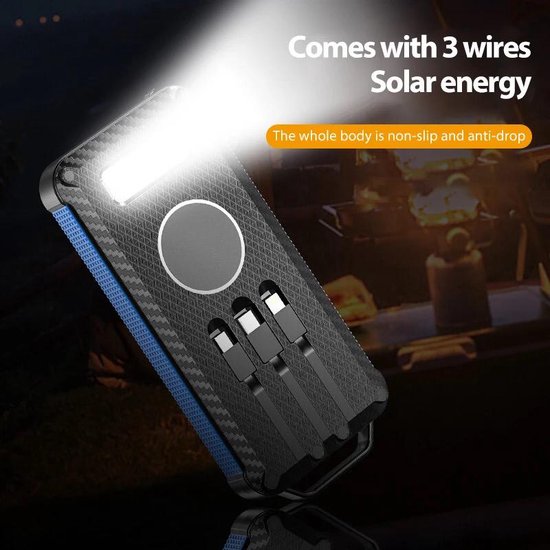 Solar World powerbank 10.000 mah met ingebouwde kabels en zonnepaneel blauw