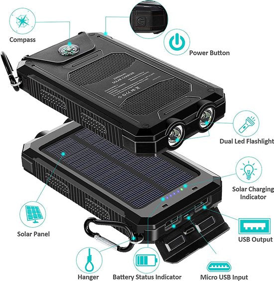 Solar World powerbank 10.000 Mah met zonnepaneel zwart