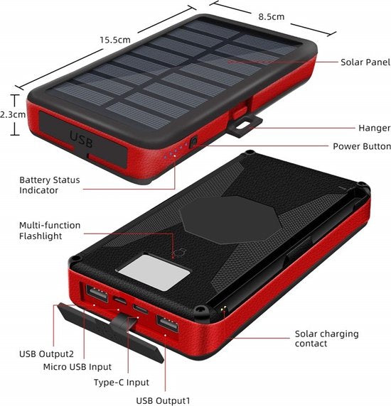 Solar World powerbank 20.000 Mah 1+3 uitklapbare zonnepanelen