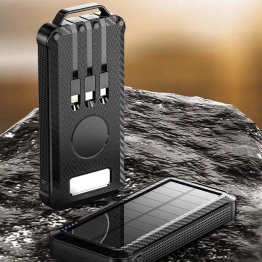 Solar World powerbank 10.000 mah met ingebouwde kabels en zonnepaneel zwart