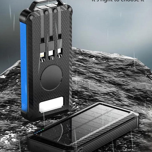 Solar World powerbank 10.000 mah met ingebouwde kabels en zonnepaneel blauw