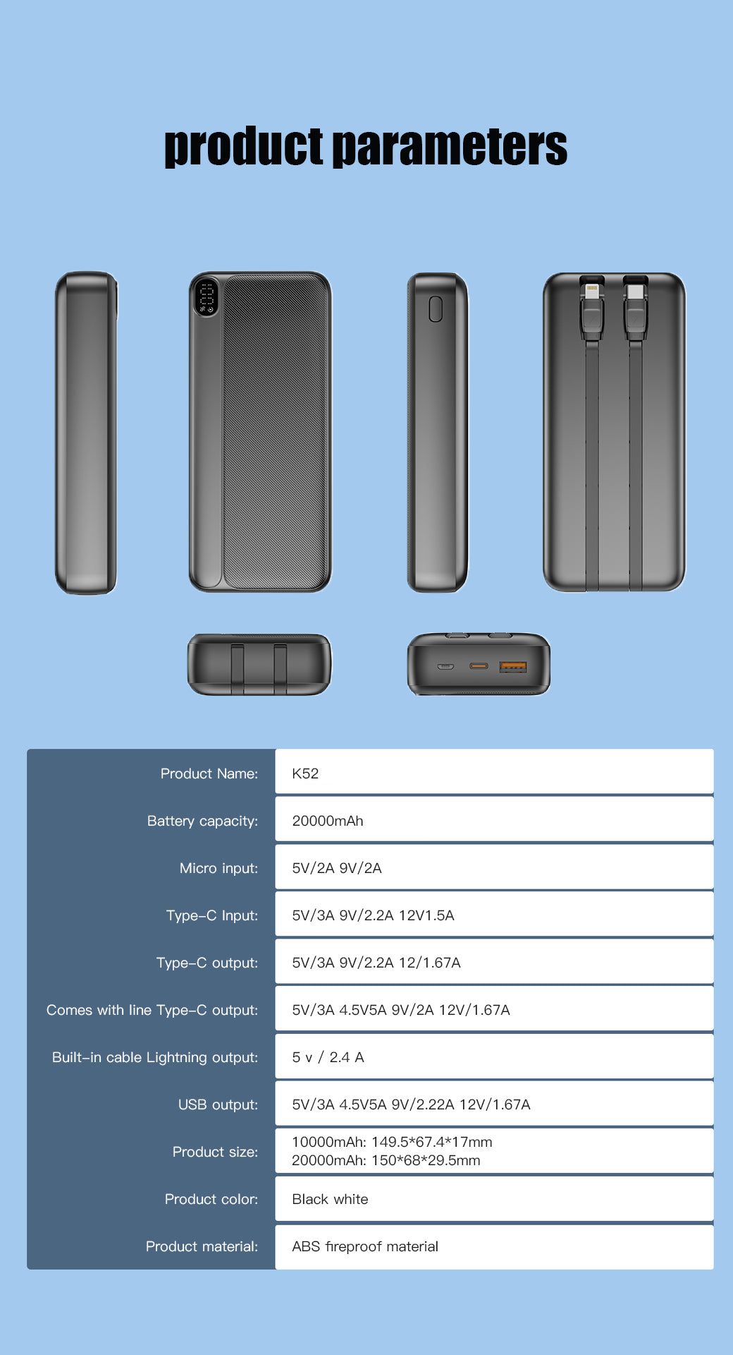 Solar World powerbank 20.000 Mah met ingebouwde kabels