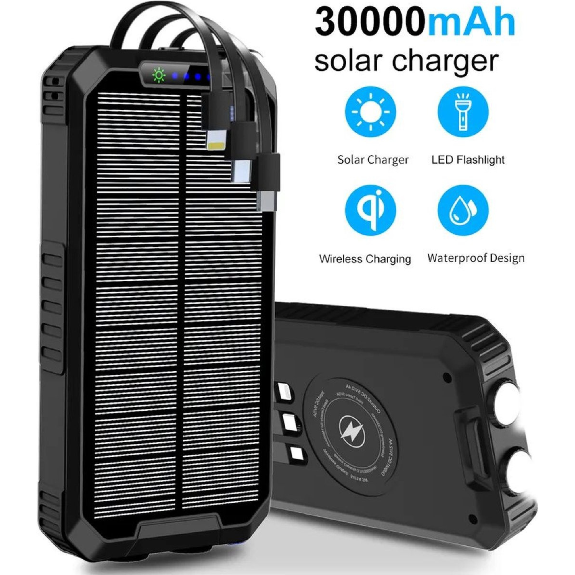 solar world - Powerbank 30.000 Mah met ingebouwde kabels Zwart